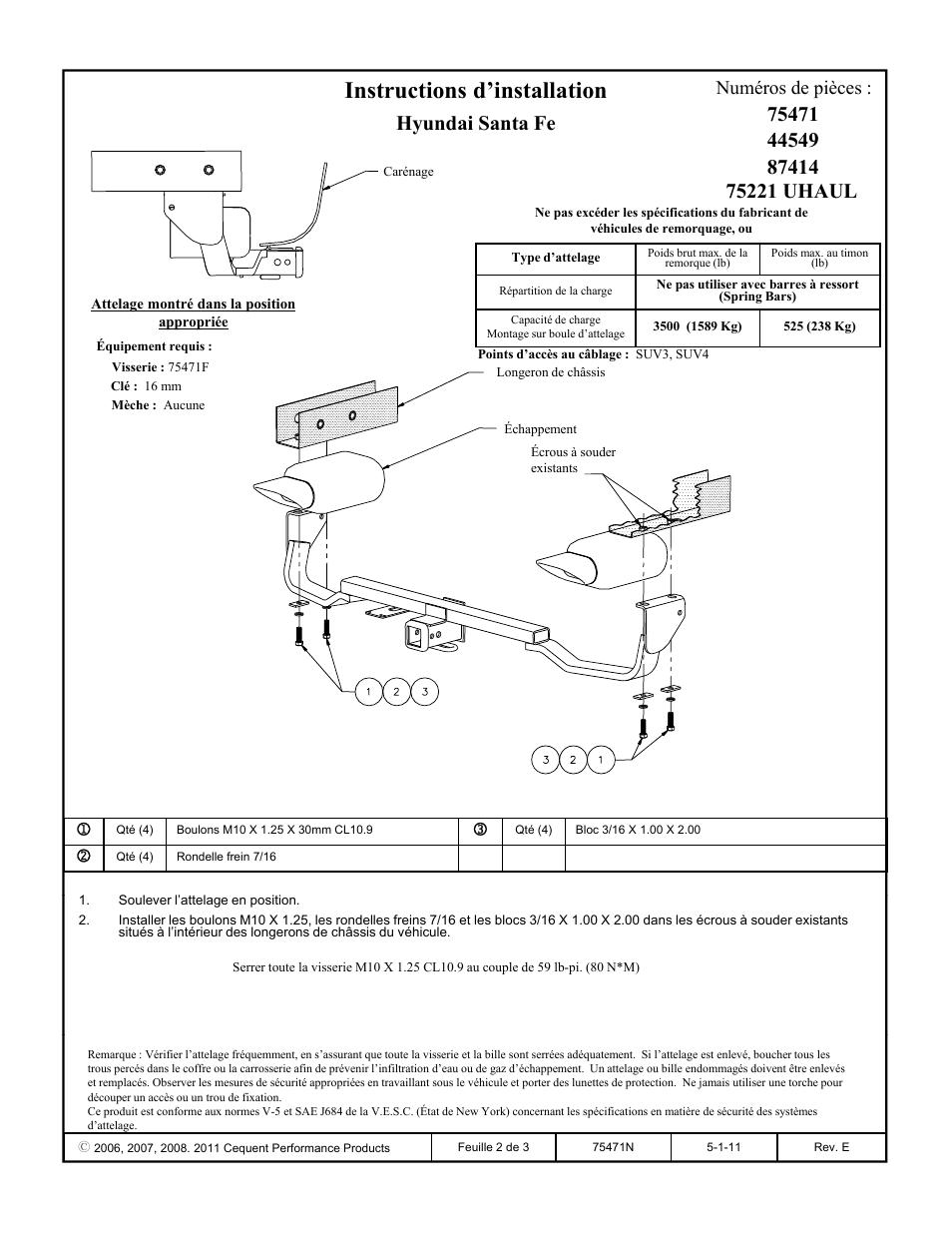 Instructions d’installation, Hyundai santa fe, Numéros de pièces | Draw-Tite 75471 MAX-FRAME RECEIVER User Manual | Page 2 / 3