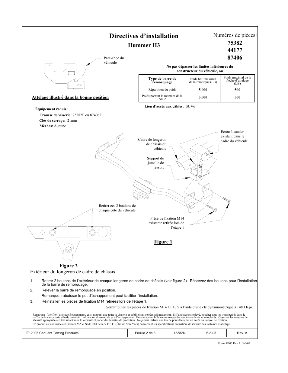 Directives d’installation, Hummer h3, Numéros de pièces | Draw-Tite 75382 MAX-FRAME RECEIVER User Manual | Page 2 / 3