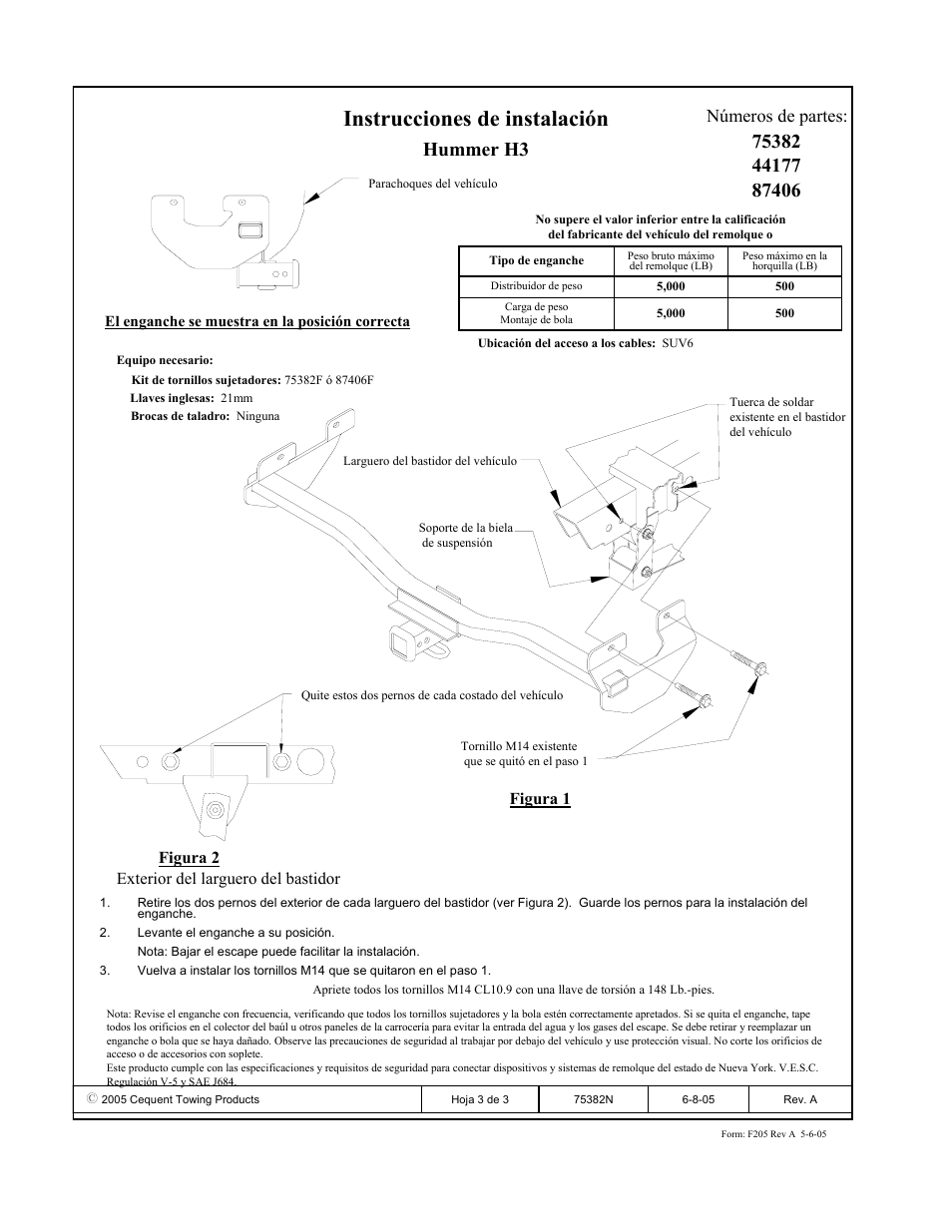 Instrucciones de instalación, Hummer h3, Números de partes | Draw-Tite 75382 MAX-FRAME RECEIVER User Manual | Page 3 / 3