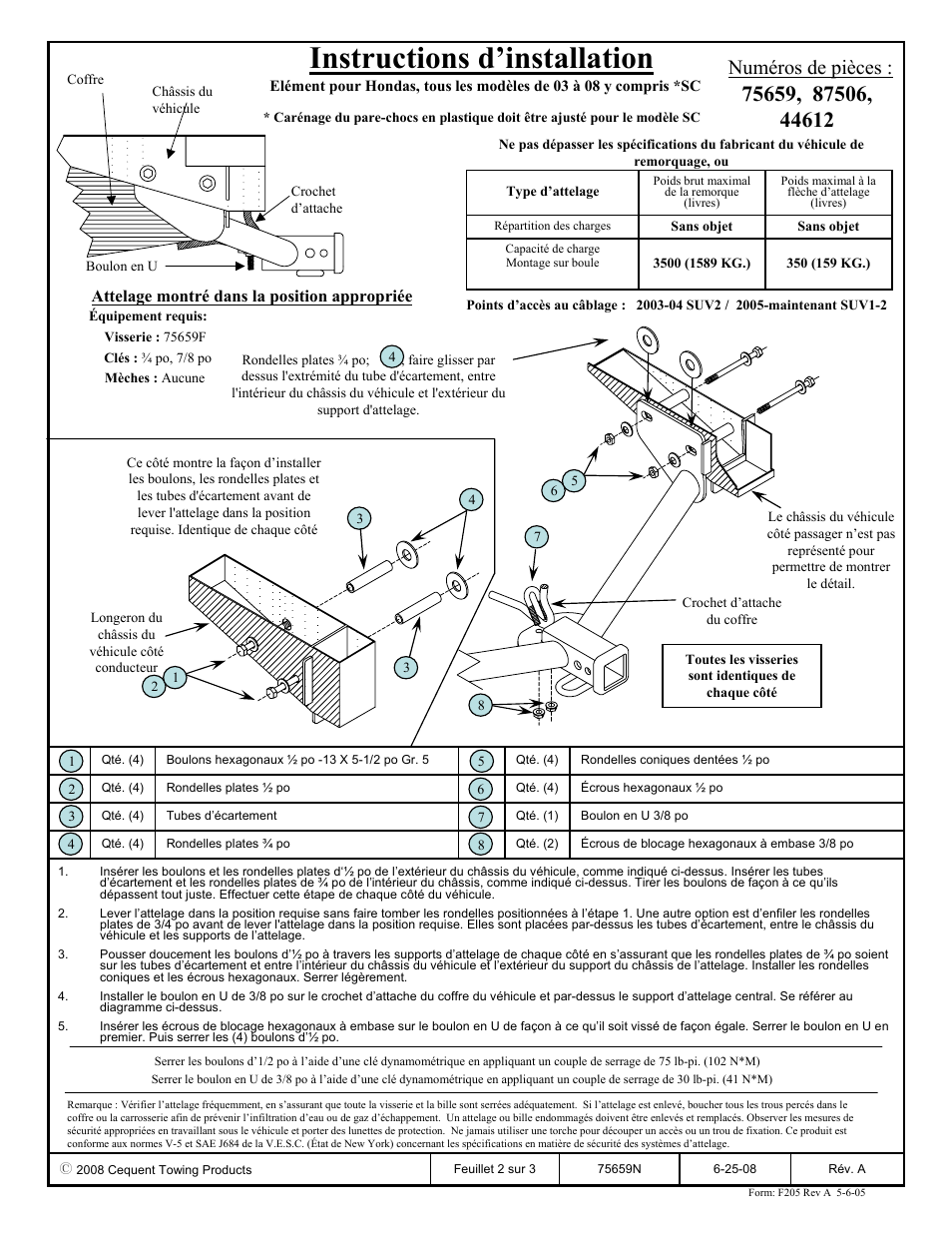 Instructions d’installation, Numéros de pièces, Attelage montré dans la position appropriée | Draw-Tite 75659 MAX-FRAME RECEIVER User Manual | Page 2 / 3