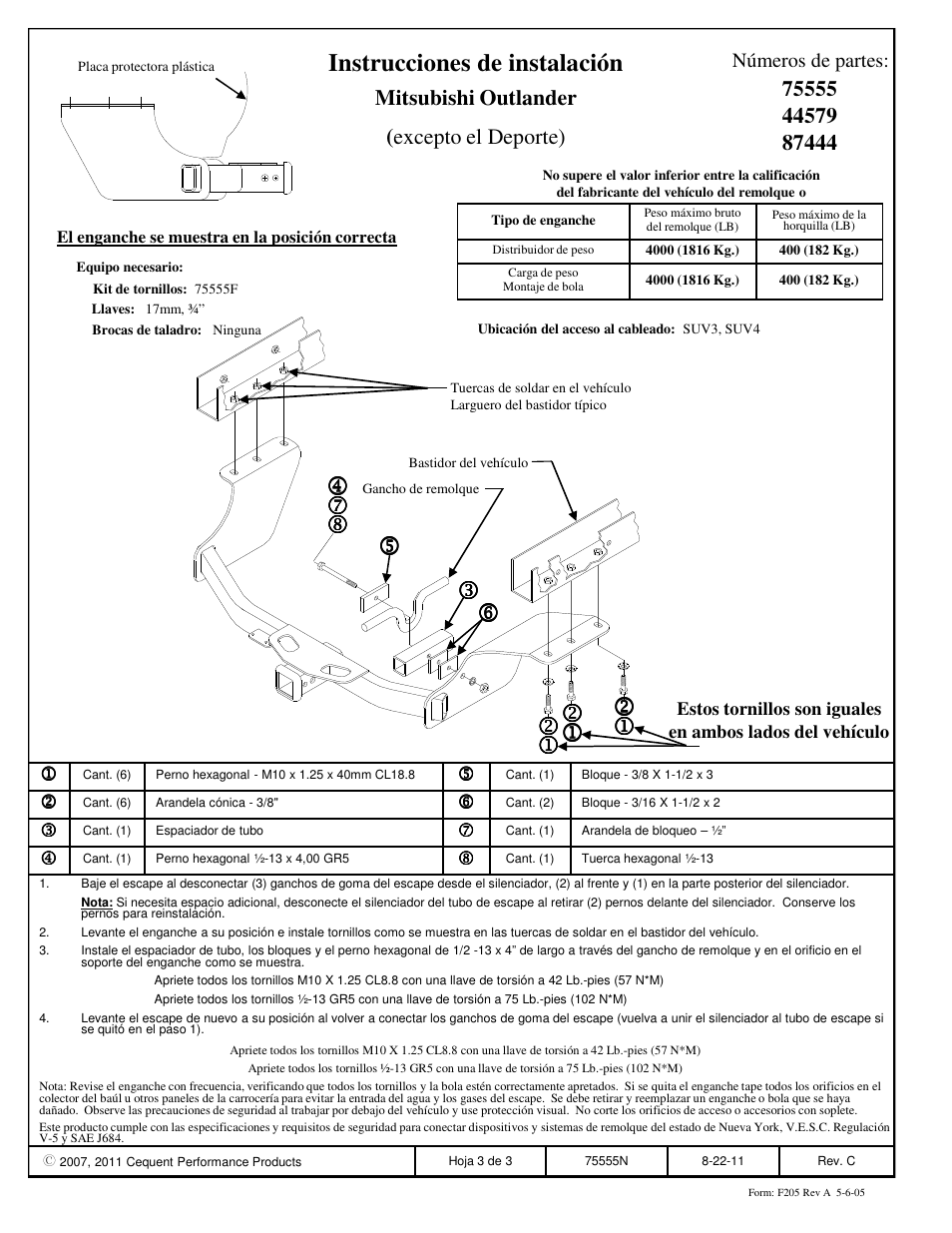 Instrucciones de instalación | Draw-Tite 75555 MAX-FRAME RECEIVER User Manual | Page 3 / 3