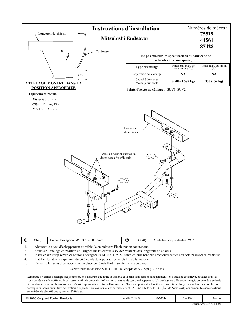 Instructions d’installation, Mitsubishi endeavor, Numéros de pièces | Draw-Tite 75519 MAX-FRAME RECEIVER User Manual | Page 2 / 3