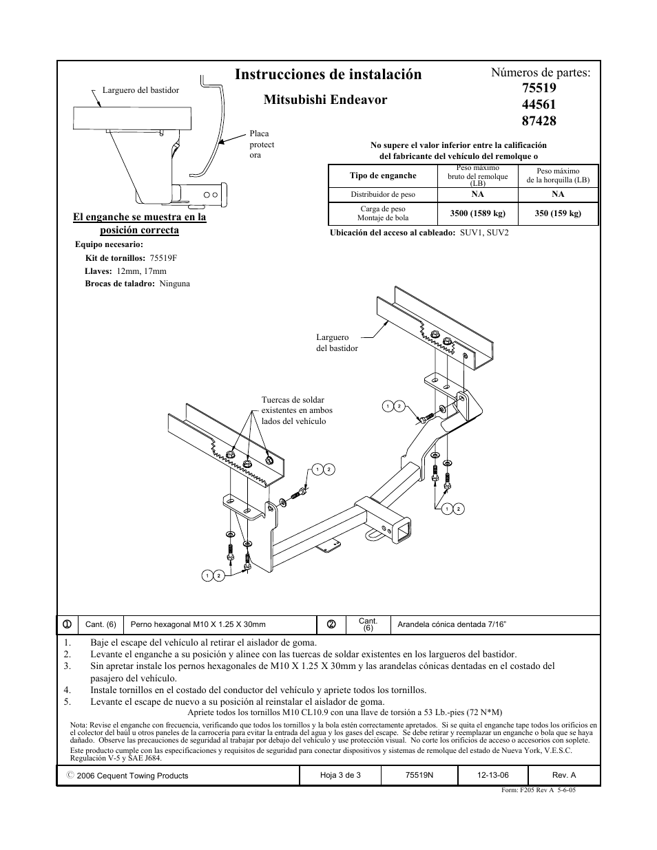 Instrucciones de instalación, Mitsubishi endeavor, Números de partes | Draw-Tite 75519 MAX-FRAME RECEIVER User Manual | Page 3 / 3