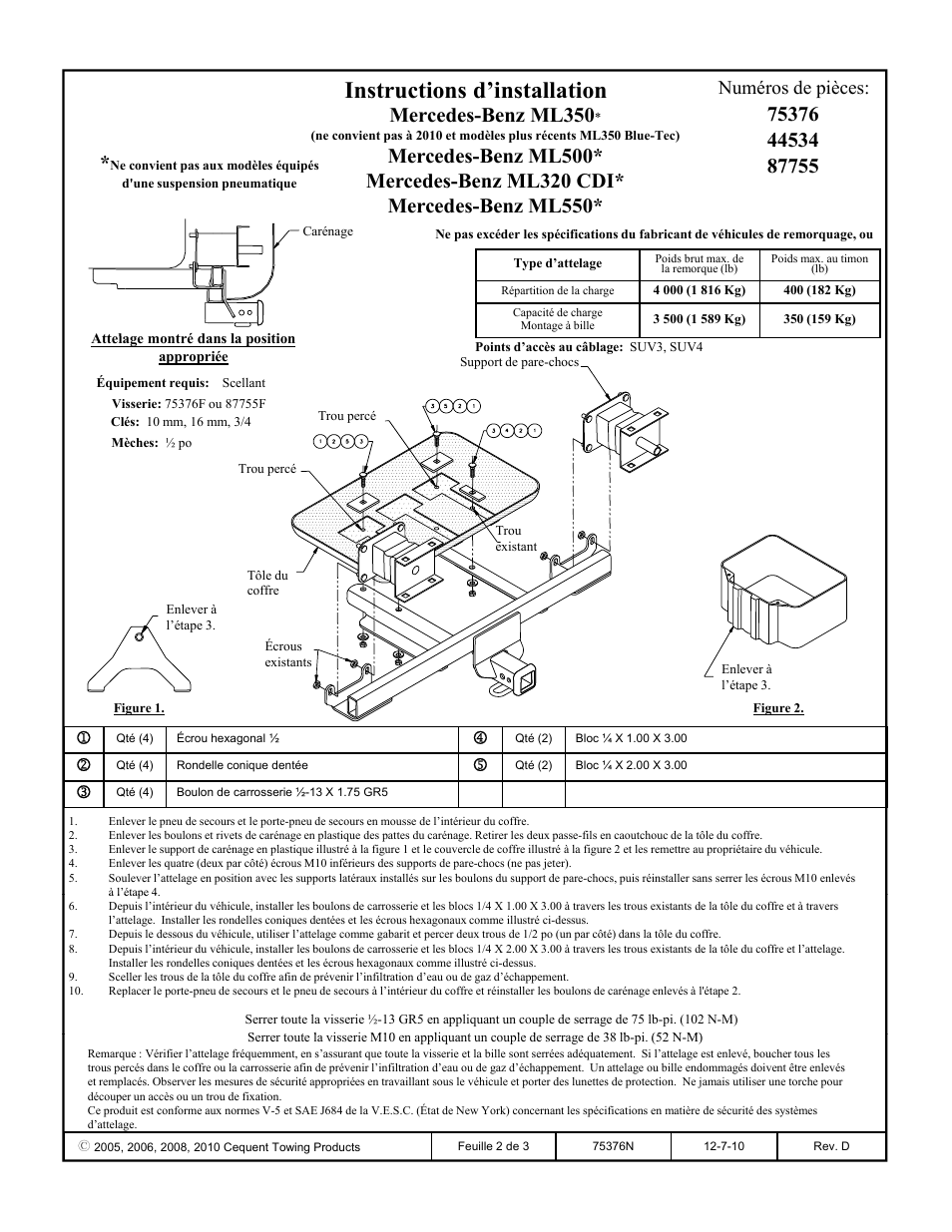 Instructions d’installation, Mercedes-benz ml350, Mercedes-benz ml550 | Numéros de pièces | Draw-Tite 75376 MAX-FRAME RECEIVER User Manual | Page 2 / 3