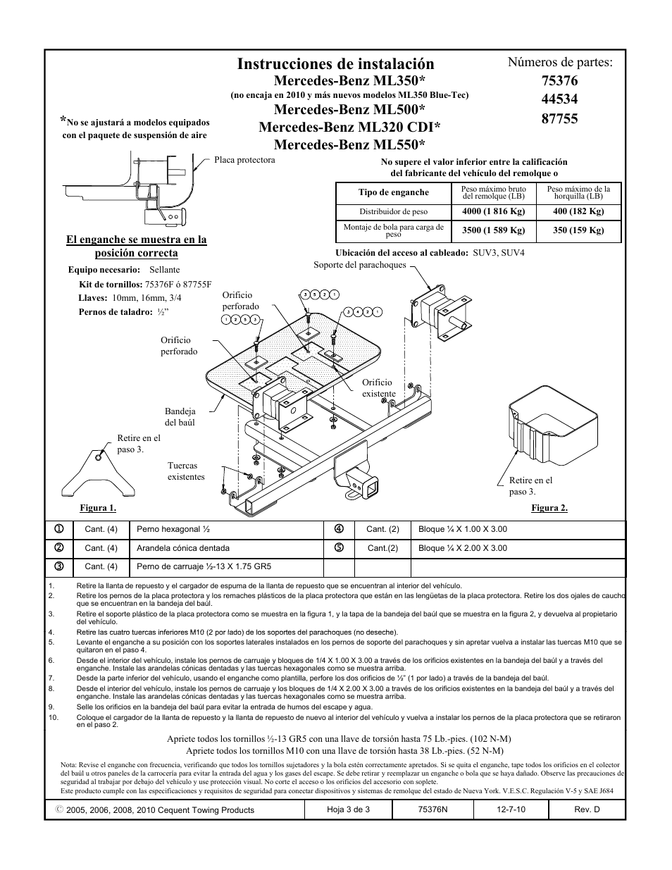 Instrucciones de instalación, Mercedes-benz ml350, Mercedes-benz ml550 | Números de partes | Draw-Tite 75376 MAX-FRAME RECEIVER User Manual | Page 3 / 3