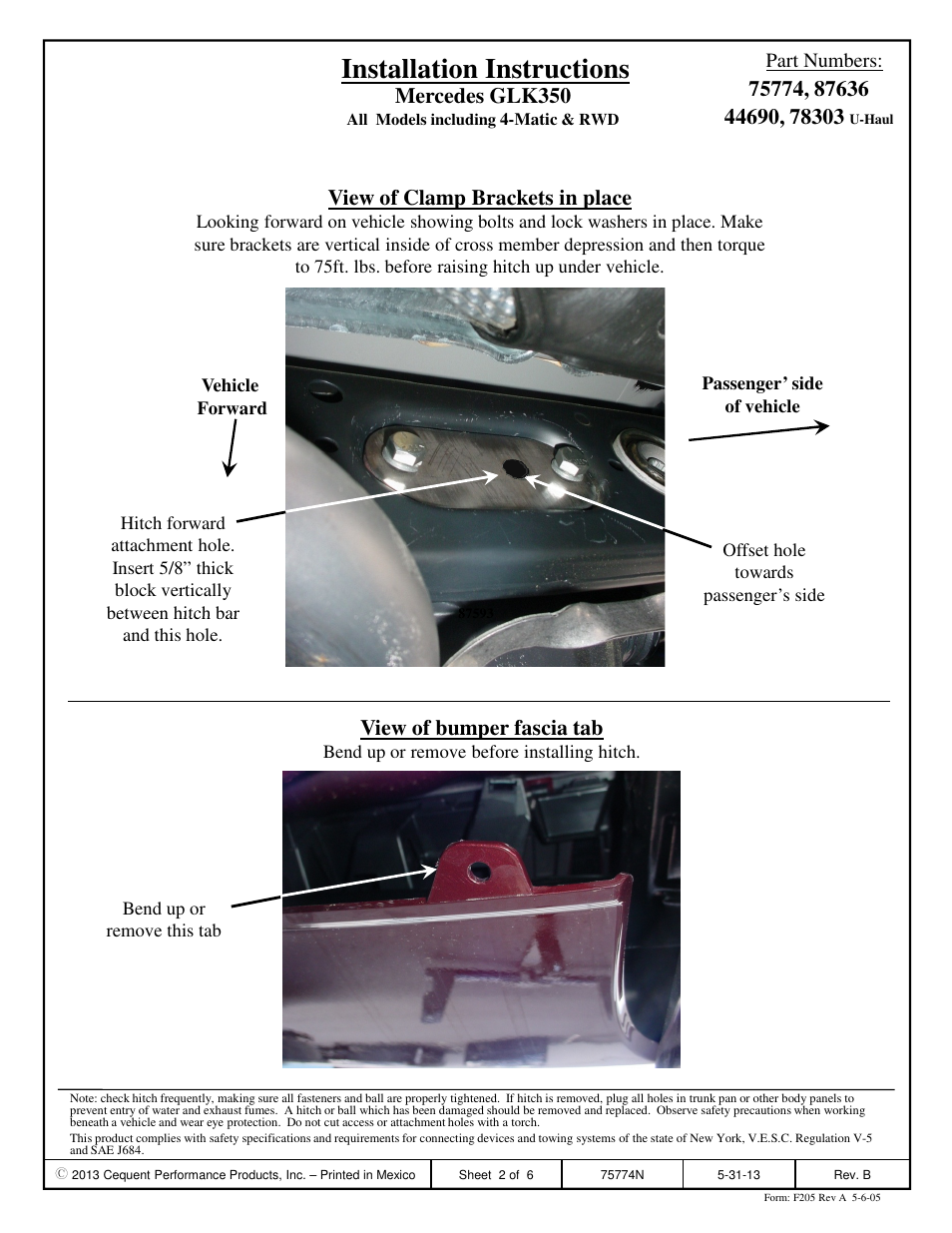 Installation instructions, View of clamp brackets in place, Mercedes glk350 | View of bumper fascia tab | Draw-Tite 75774 MAX-FRAME RECEIVER User Manual | Page 2 / 6