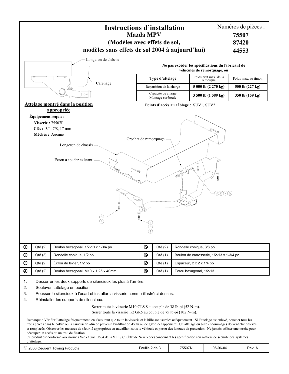 Instructions d’installation, Numéros de pièces | Draw-Tite 75507 MAX-FRAME RECEIVER User Manual | Page 2 / 3