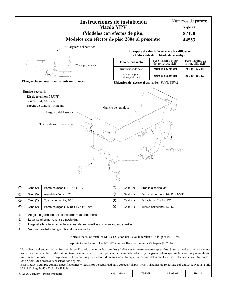 Instrucciones de instalación, Números de partes | Draw-Tite 75507 MAX-FRAME RECEIVER User Manual | Page 3 / 3