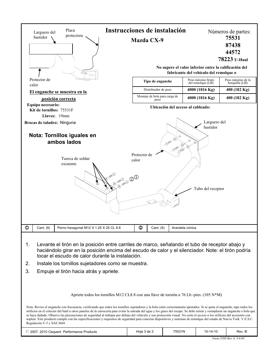 Instrucciones de instalación, Mazda cx-9 | Draw-Tite 75531 MAX-FRAME RECEIVER User Manual | Page 3 / 3