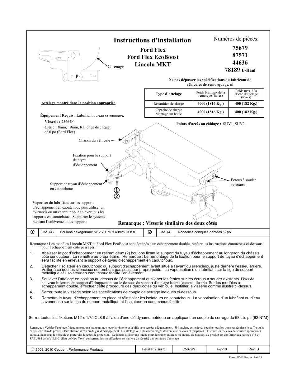 Instructions d’installation, Numéros de pièces | Draw-Tite 75679 MAX-FRAME RECEIVER User Manual | Page 2 / 3