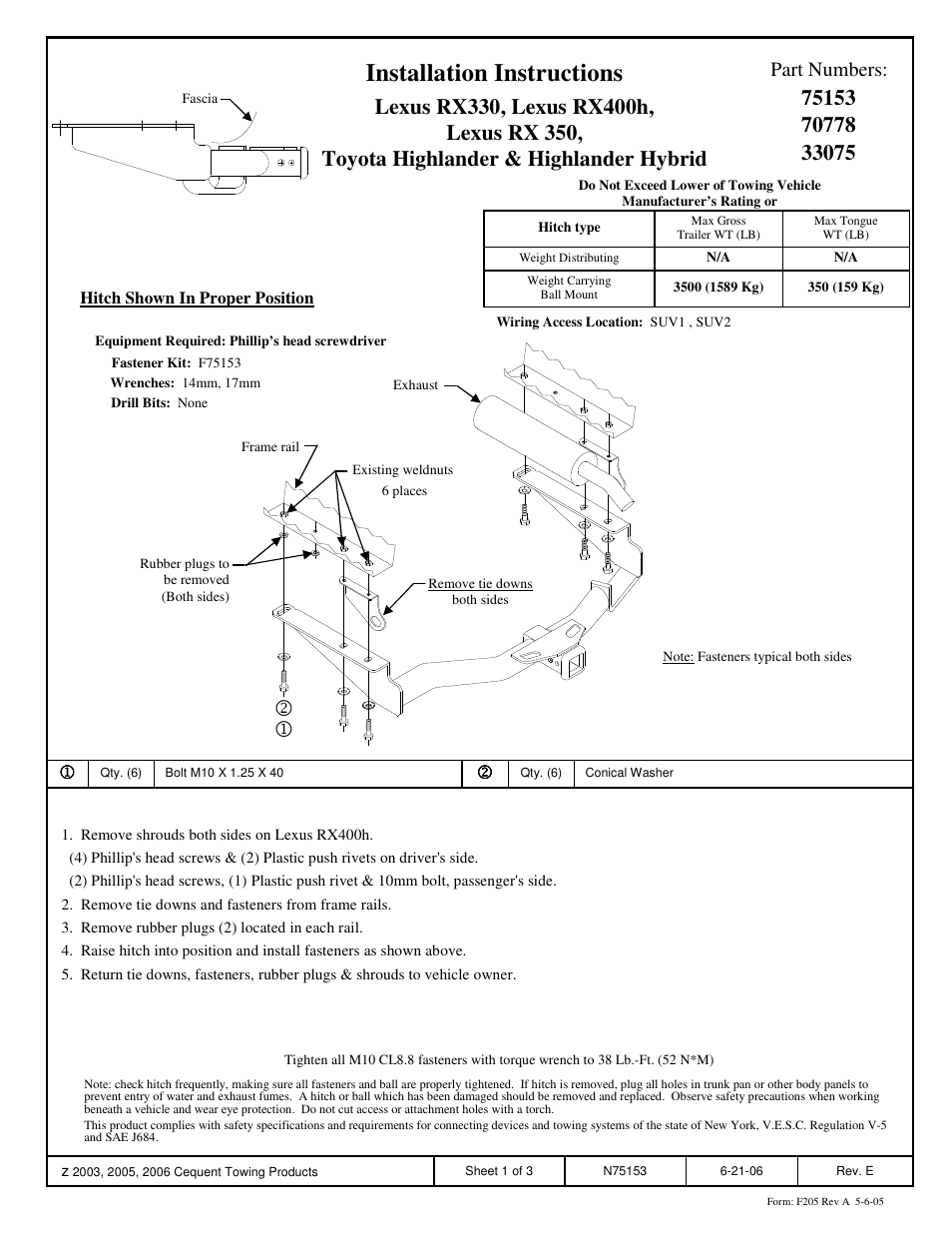 Draw-Tite 75153 MAX-FRAME RECEIVER User Manual | 3 pages