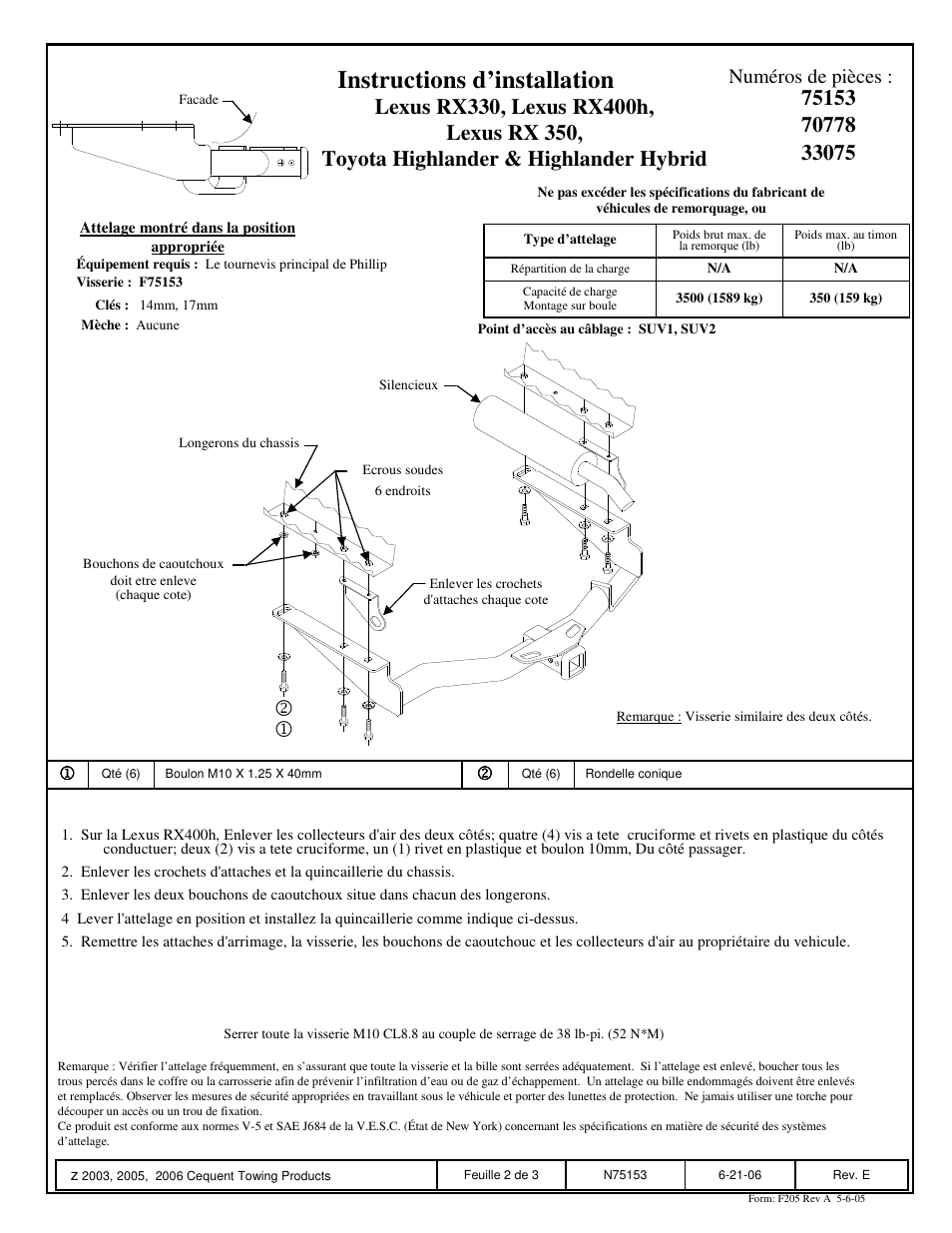 Instructions d’installation, Numéros de pièces | Draw-Tite 75153 MAX-FRAME RECEIVER User Manual | Page 2 / 3