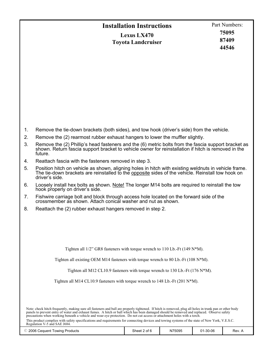 Installation instructions, Lexus lx470 toyota landcruiser | Draw-Tite 75095 MAX-FRAME RECEIVER User Manual | Page 2 / 6