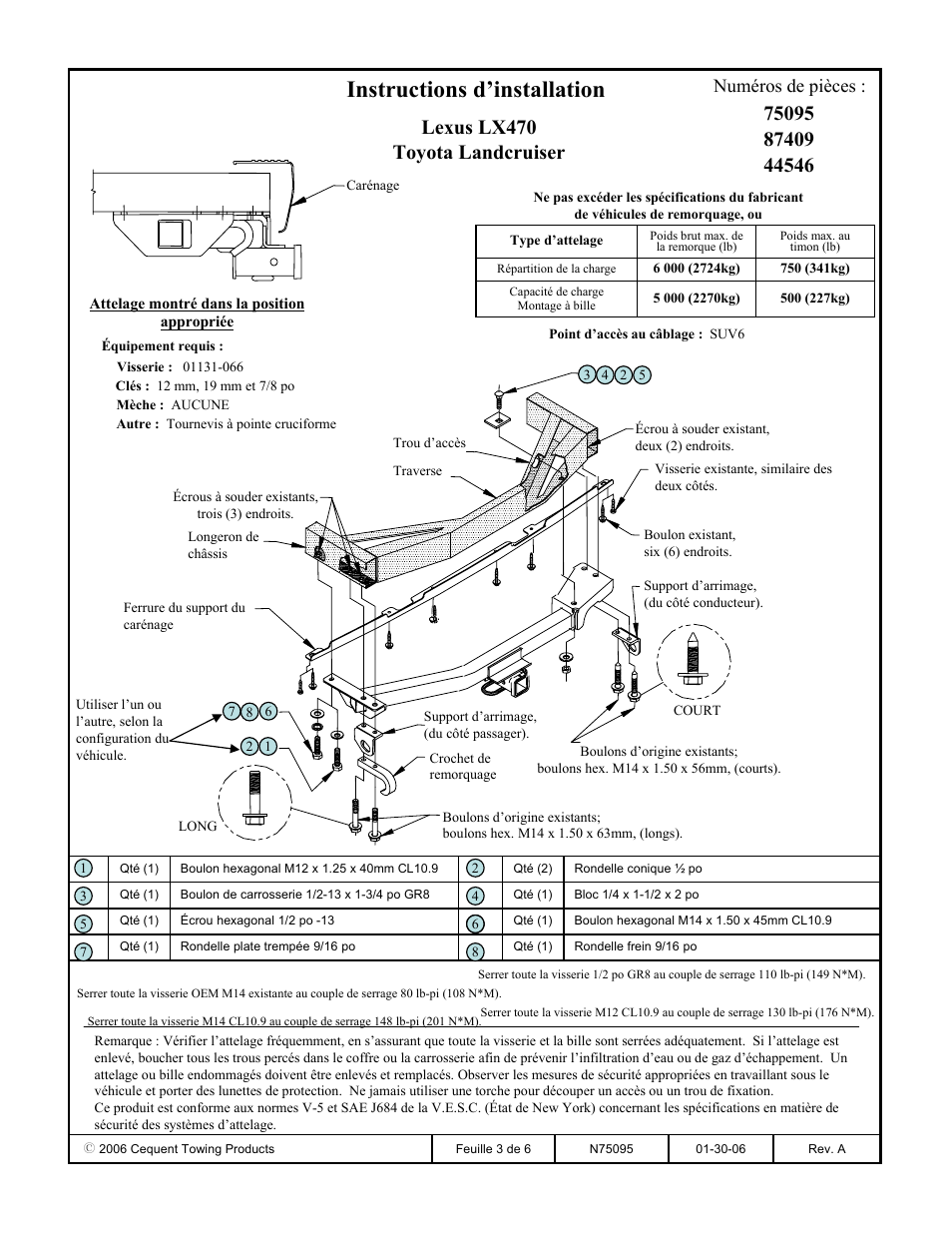 Instructions d’installation, Lexus lx470 toyota landcruiser, Numéros de pièces | Draw-Tite 75095 MAX-FRAME RECEIVER User Manual | Page 3 / 6