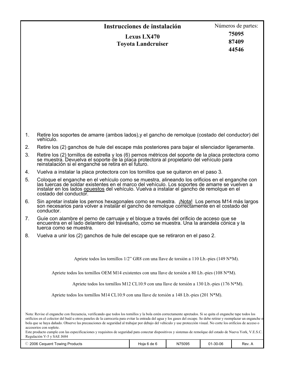 Instrucciones de instalación, Lexus lx470 toyota landcruiser | Draw-Tite 75095 MAX-FRAME RECEIVER User Manual | Page 6 / 6