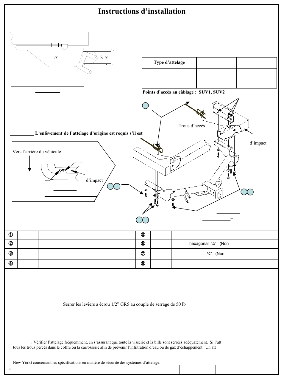 Instructions d’installation, Lexus gx470 toyota 4runner, Numéros de pièces | Draw-Tite 75155 MAX-FRAME RECEIVER User Manual | Page 3 / 6