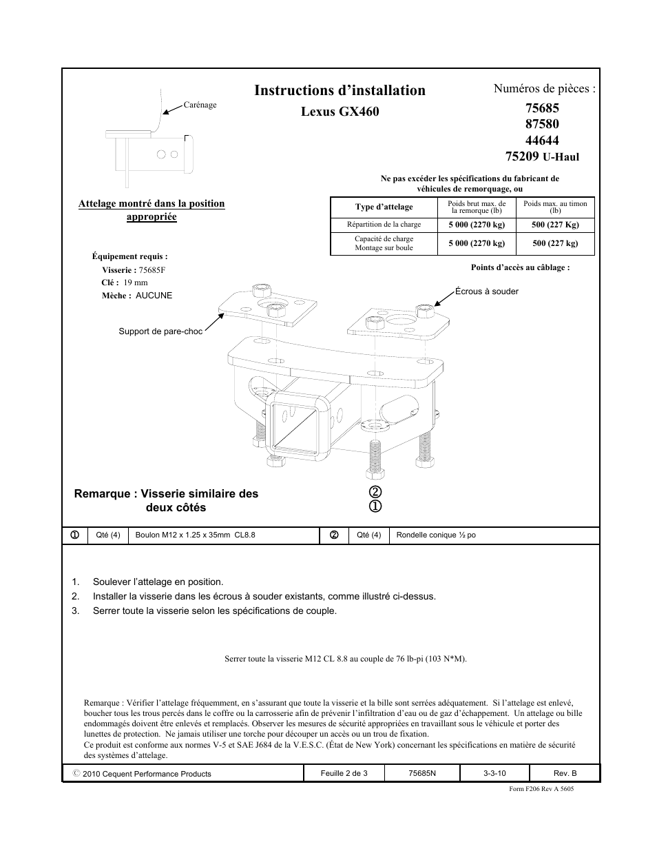 Instructions d’installation, Lexus gx460, Numéros de pièces | Draw-Tite 75685 MAX-FRAME RECEIVER User Manual | Page 2 / 3