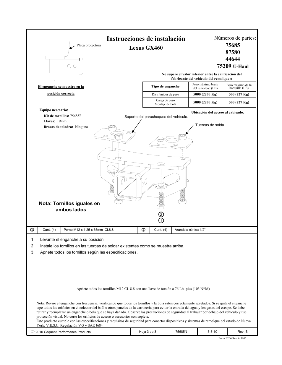Instrucciones de instalación, Lexus gx460, Números de partes | Draw-Tite 75685 MAX-FRAME RECEIVER User Manual | Page 3 / 3