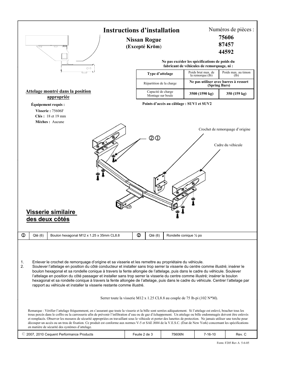 Instructions d’installation, Nissan rogue, Visserie similaire des deux côtés | Numéros de pièces, Excepté krōm ) | Draw-Tite 75606 MAX-FRAME RECEIVER User Manual | Page 2 / 3