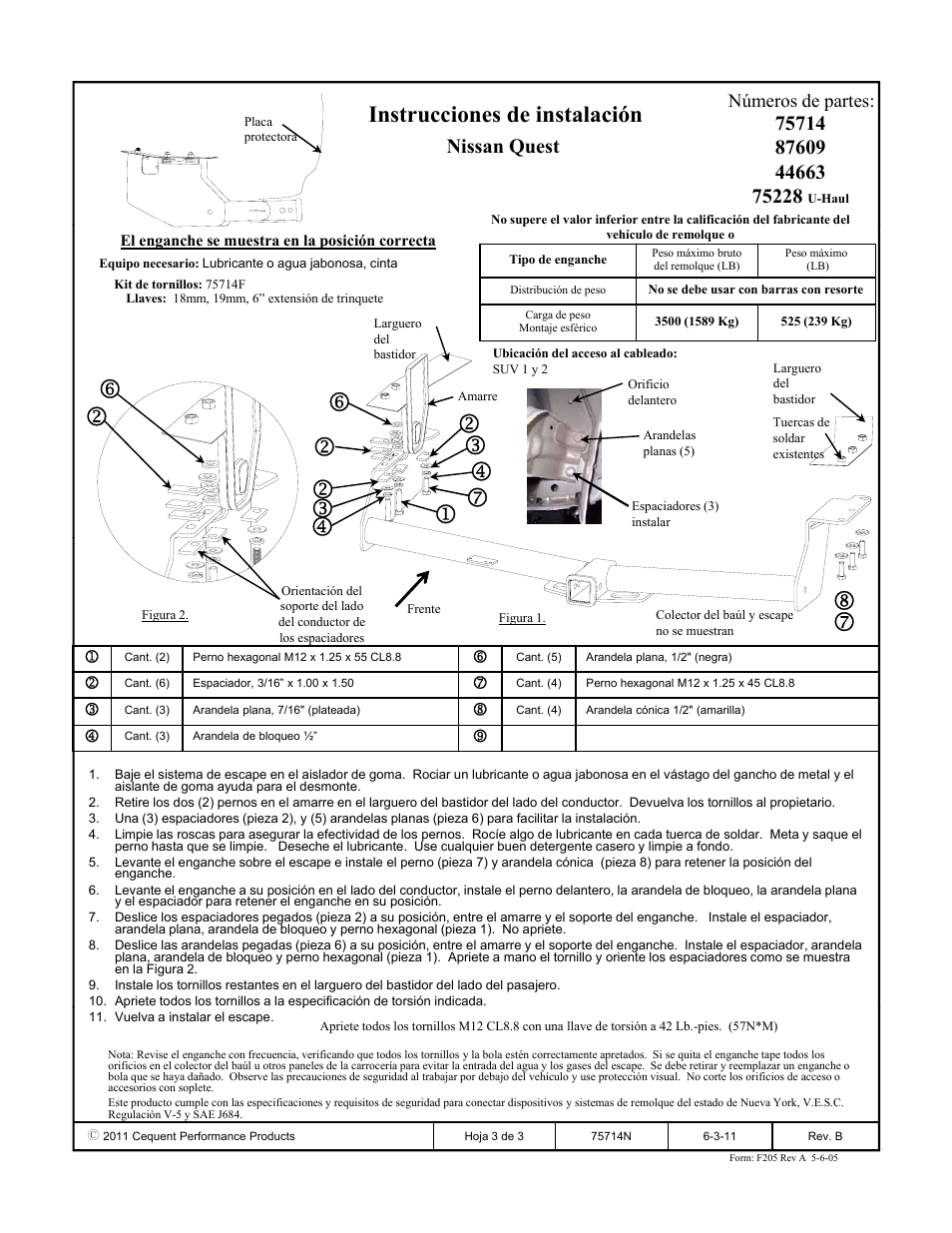 Instrucciones de instalación, Nissan quest | Draw-Tite 75714 MAX-FRAME RECEIVER User Manual | Page 3 / 3