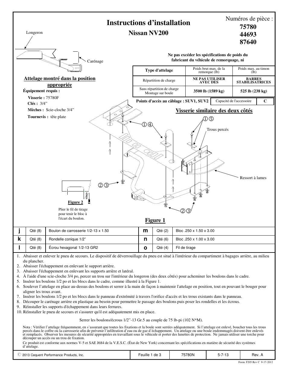 Instructions d’installation, Nissan nv200, Numéros de pièce | Visserie similaire des deux côtés, Figure 1 | Draw-Tite 75780 MAX-FRAME RECEIVER User Manual | Page 2 / 3