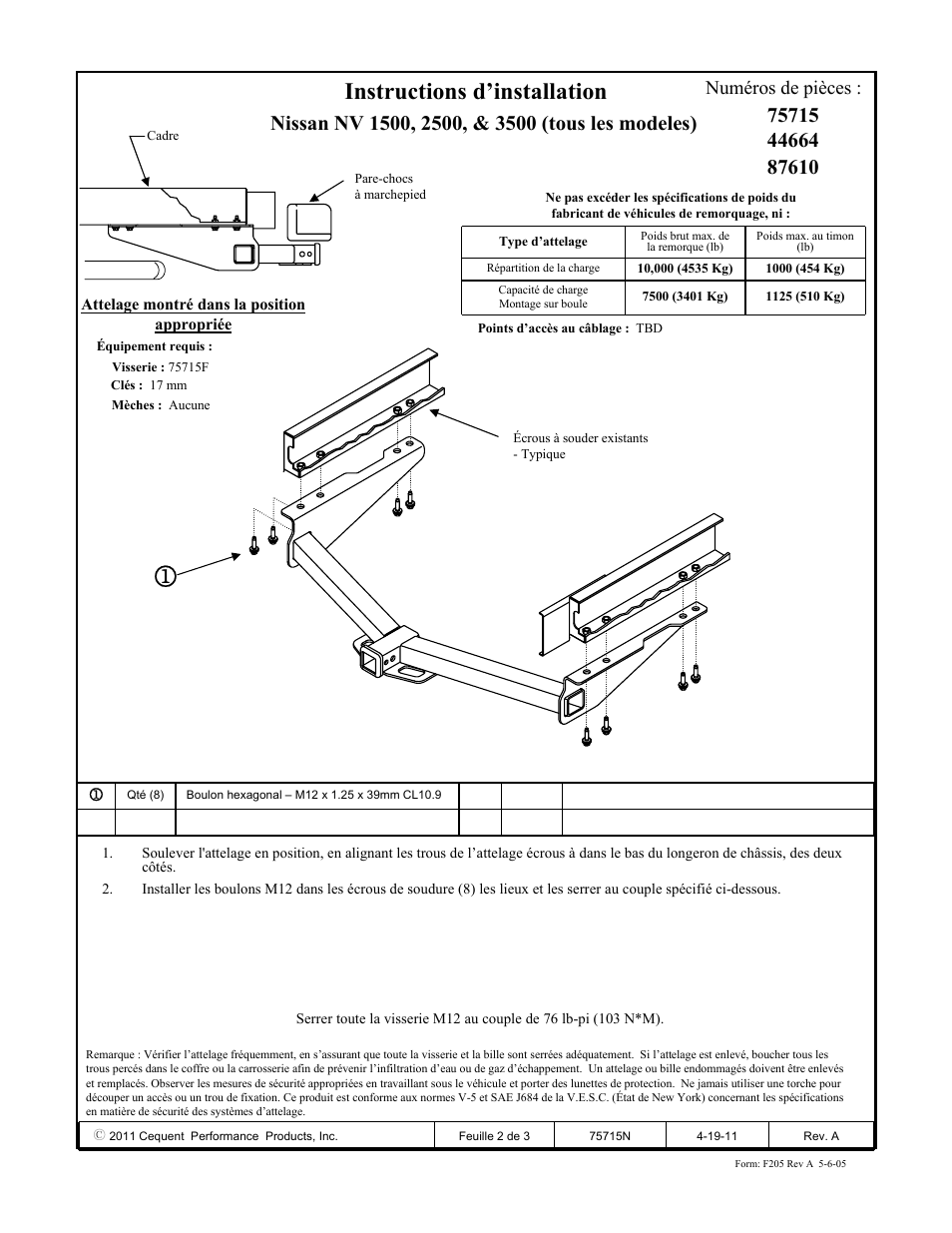 Instructions d’installation, Numéros de pièces | Draw-Tite 75715 MAX-FRAME RECEIVER User Manual | Page 2 / 3