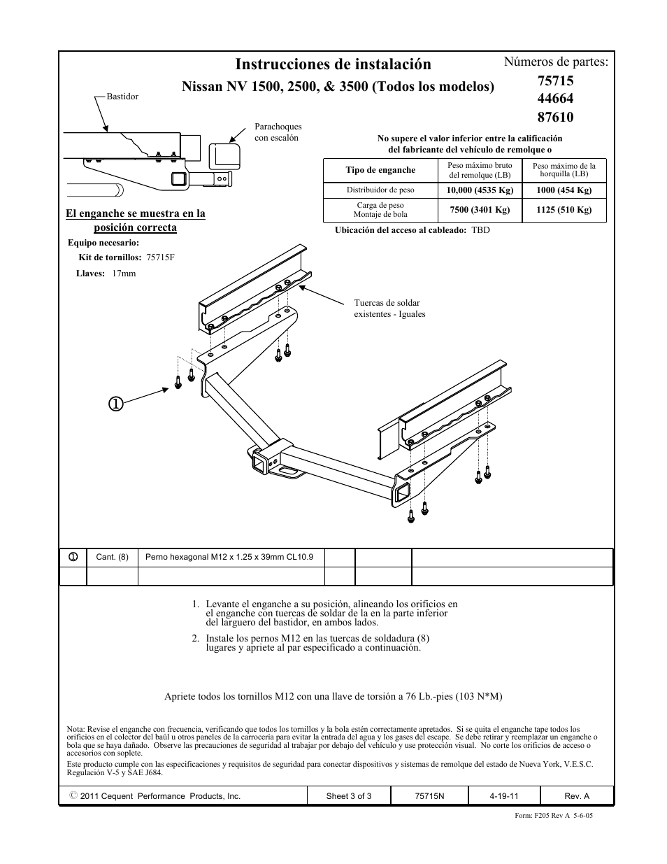 Instrucciones de instalación, Números de partes | Draw-Tite 75715 MAX-FRAME RECEIVER User Manual | Page 3 / 3