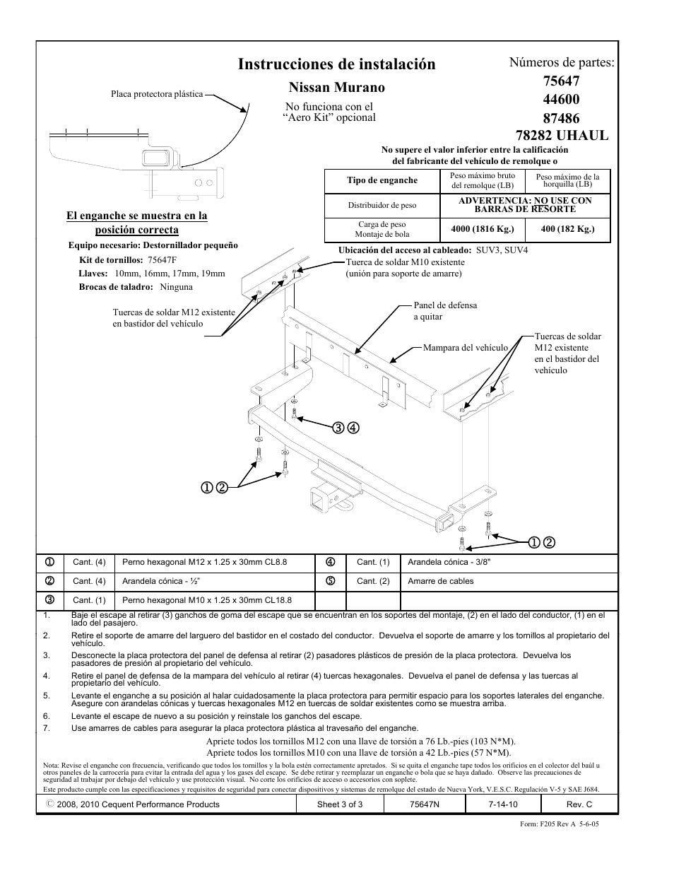 Instrucciones de instalación, Nissan murano, Números de partes | Draw-Tite 75647 MAX-FRAME RECEIVER User Manual | Page 3 / 3