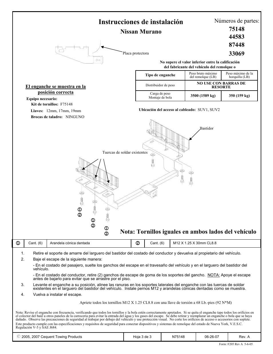 Instrucciones de instalación, Nissan murano, Números de partes | Draw-Tite 75148 MAX-FRAME RECEIVER User Manual | Page 3 / 3