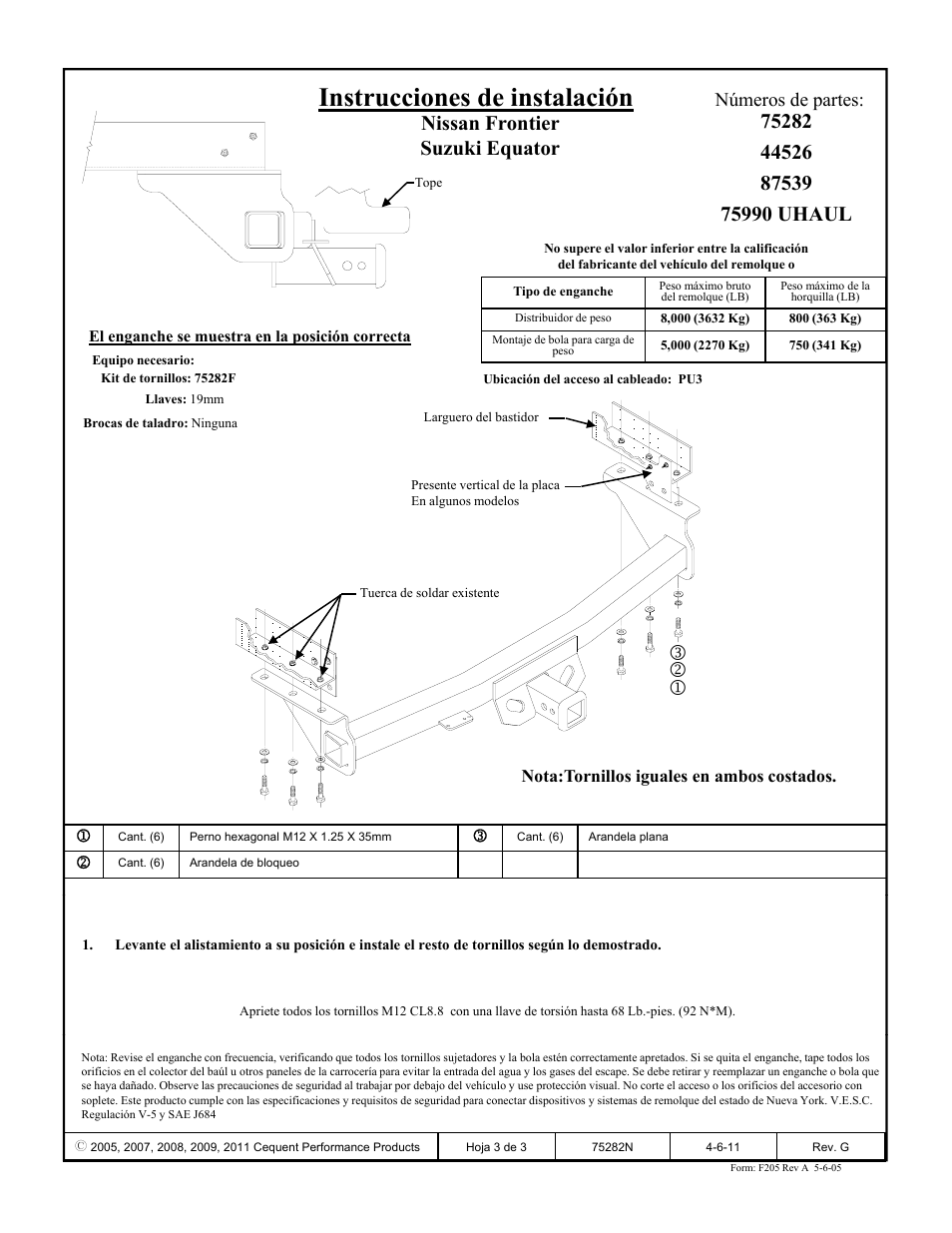 Instrucciones de instalación, Números de partes | Draw-Tite 75282 MAX-FRAME RECEIVER User Manual | Page 3 / 3