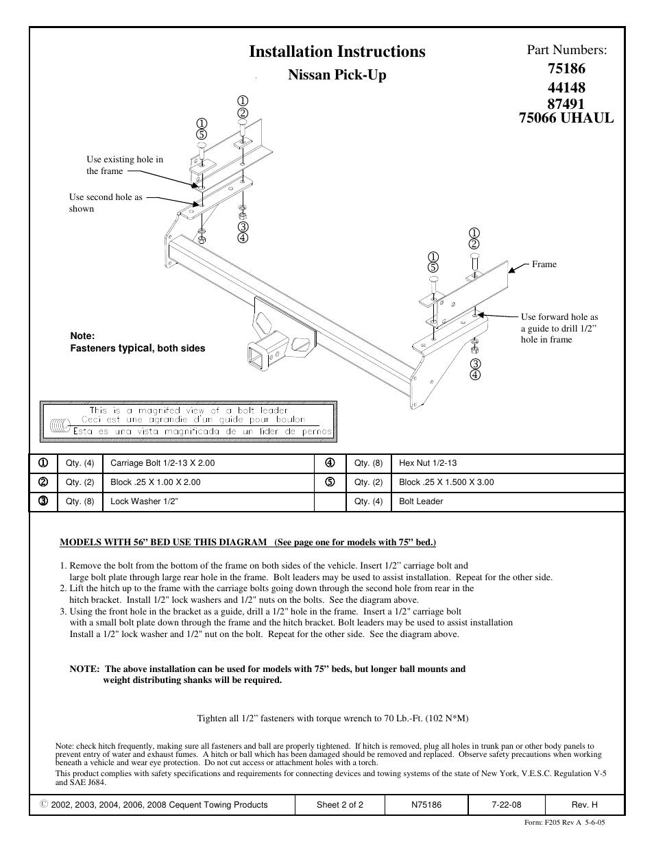 Installation instructions, Nissan pick-up, Part numbers | Draw-Tite 75186 MAX-FRAME RECEIVER User Manual | Page 2 / 2