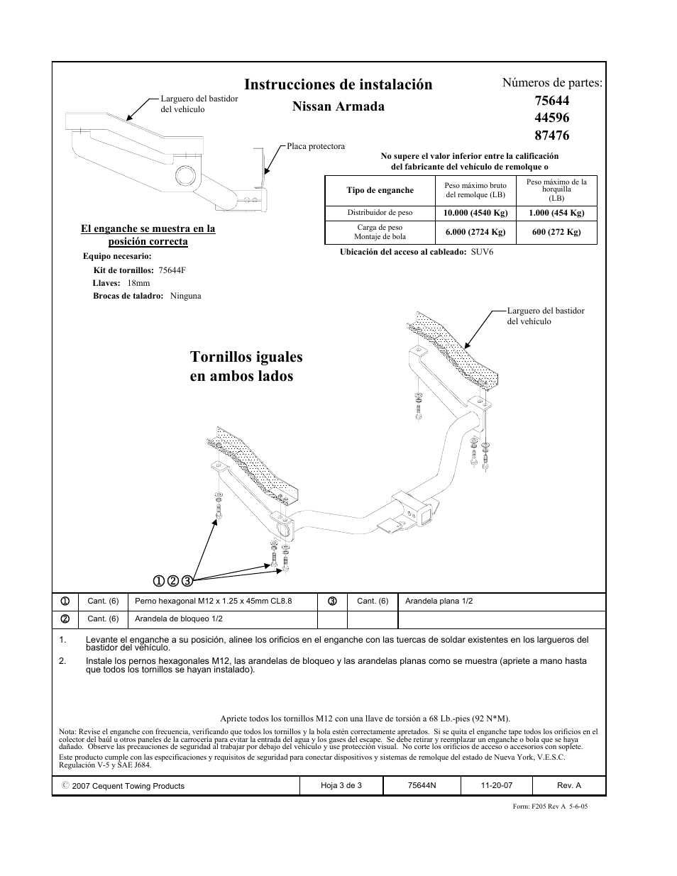 Instrucciones de instalación, 123 tornillos iguales en ambos lados, Nissan armada | Números de partes | Draw-Tite 75644 MAX-FRAME RECEIVER User Manual | Page 3 / 3