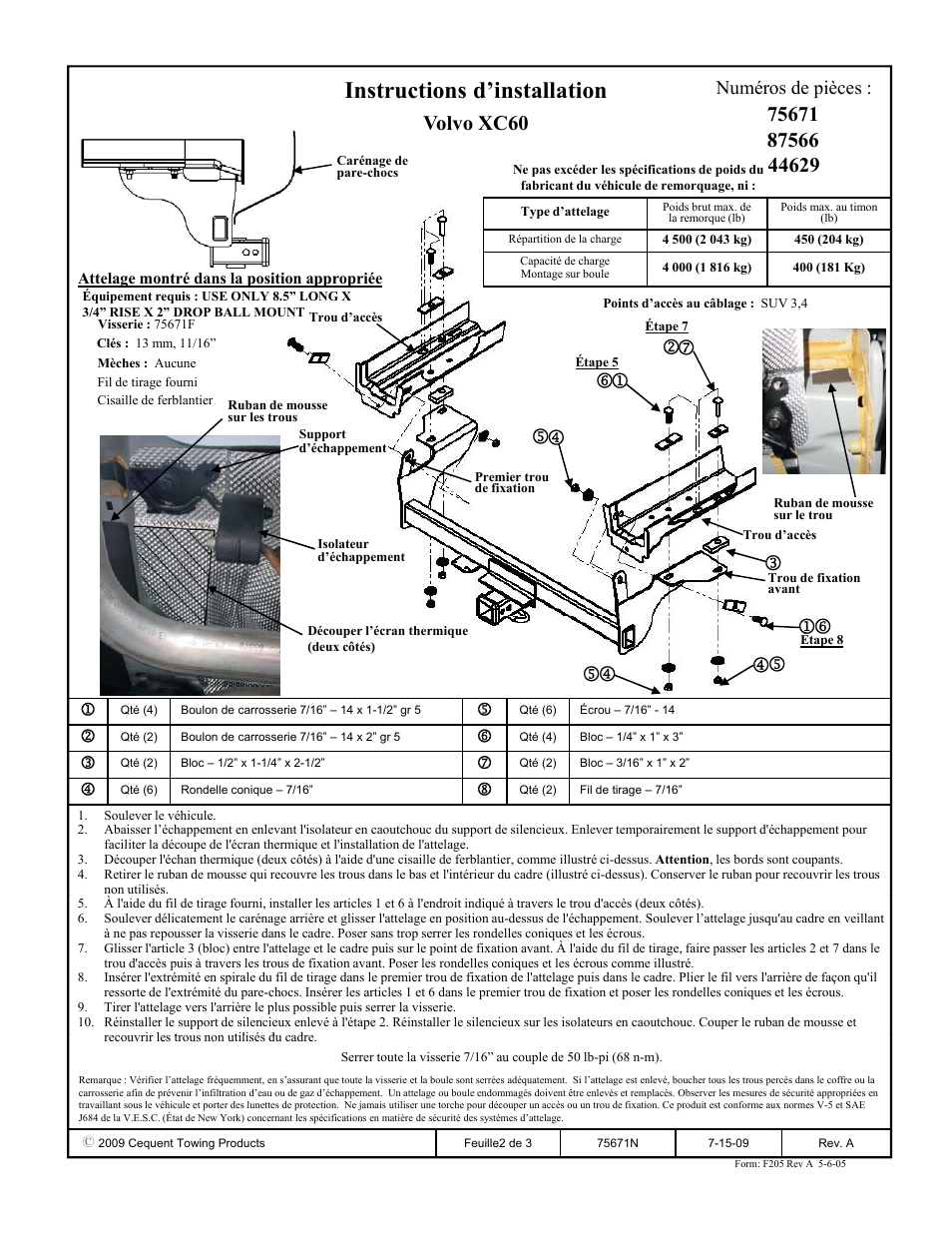 Instructions d’installation, Volvo xc60, Numéros de pièces | Draw-Tite 75671 MAX-FRAME RECEIVER User Manual | Page 2 / 3