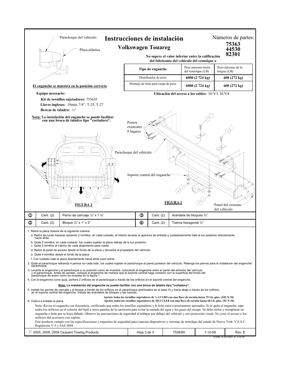Instrucciones de instalación, Volkswagen touareg, Números de partes | Draw-Tite 75363 MAX-FRAME RECEIVER User Manual | Page 3 / 3