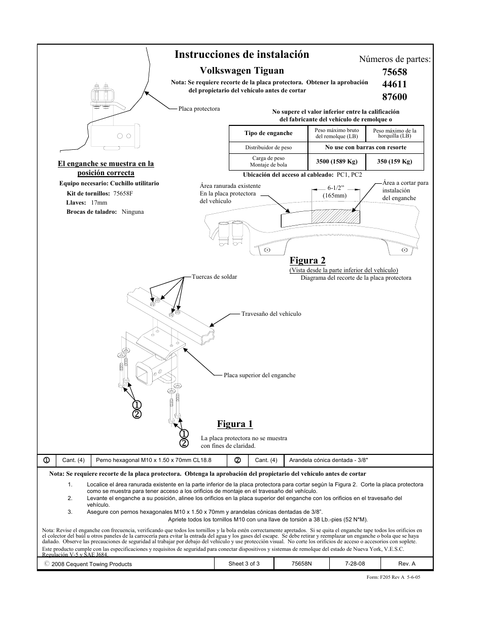 Instrucciones de instalación, Volkswagen tiguan, Figura 2 | Figura 1, Números de partes | Draw-Tite 75658 MAX-FRAME RECEIVER User Manual | Page 3 / 3