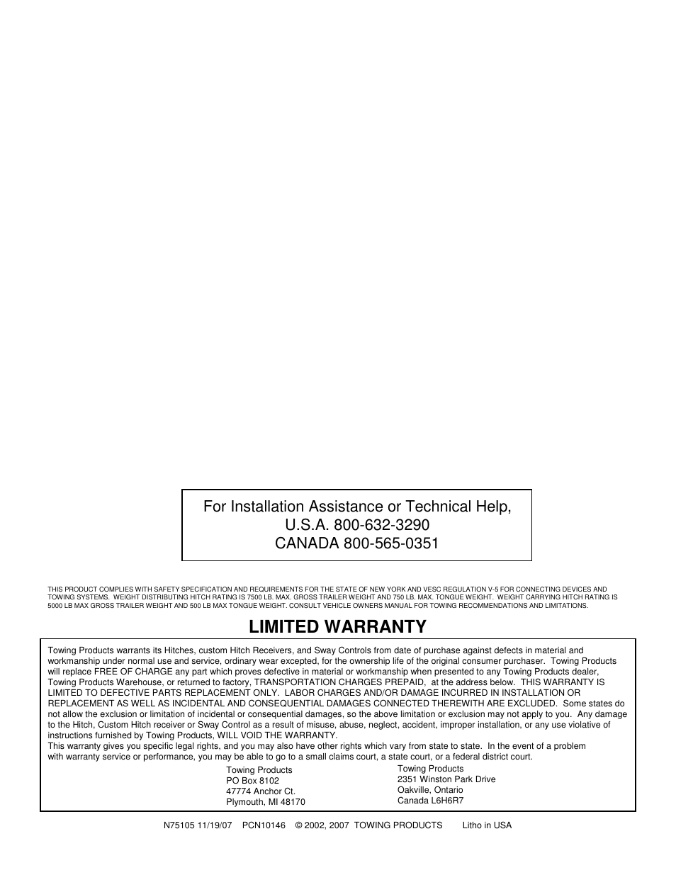 Limited warranty | Draw-Tite 75105 MAX-FRAME RECEIVER User Manual | Page 2 / 2