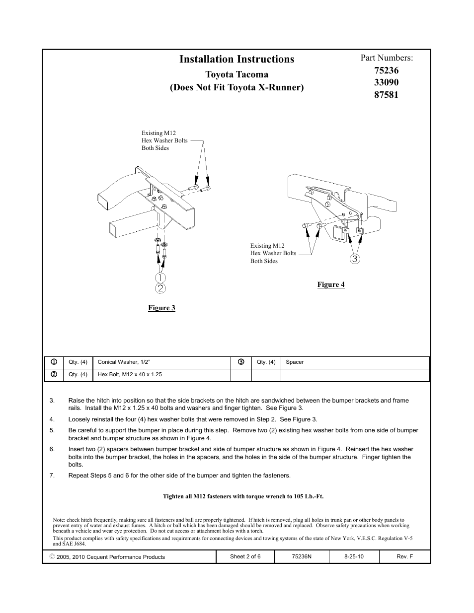 Installation instructions, Toyota tacoma (does not fit toyota x-runner), Part numbers | Draw-Tite 75236 MAX-FRAME RECEIVER User Manual | Page 2 / 6