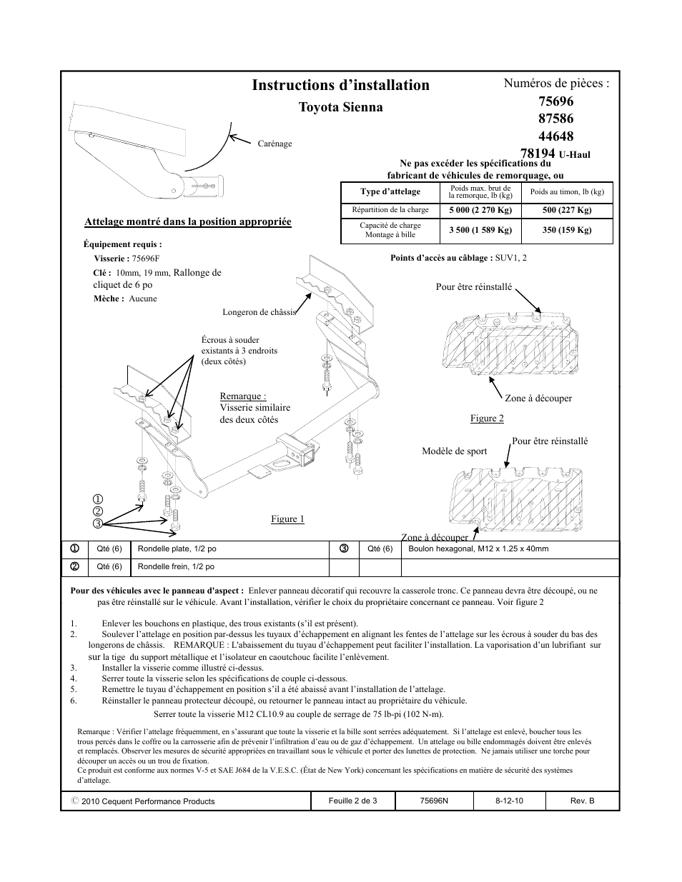 Instructions d’installation, Toyota sienna, Numéros de pièces | Draw-Tite 75696 MAX-FRAME RECEIVER User Manual | Page 2 / 3