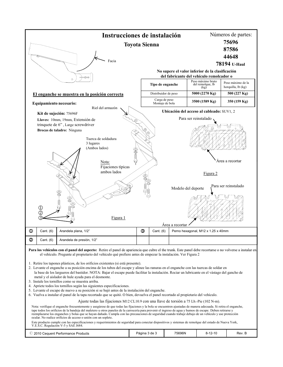 Instrucciones de instalación, Toyota sienna, Números de partes | Draw-Tite 75696 MAX-FRAME RECEIVER User Manual | Page 3 / 3