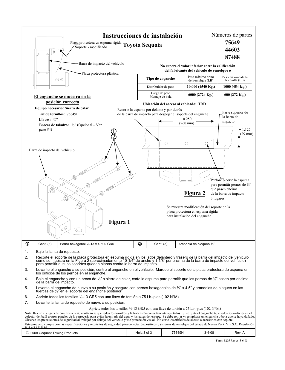 Instrucciones de instalación, Toyota sequoia, Figura 1 figura 2 | Números de partes | Draw-Tite 75649 MAX-FRAME RECEIVER User Manual | Page 3 / 3