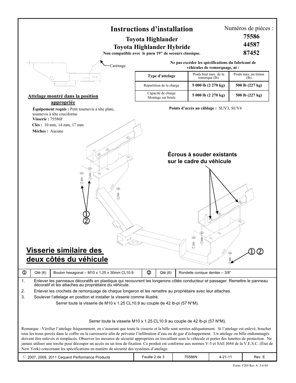 Instructions d’installation, Visserie similaire des deux côtés du véhicule, Toyota highlander toyota highlander hybride | Numéros de pièces | Draw-Tite 75586 MAX-FRAME RECEIVER User Manual | Page 2 / 3