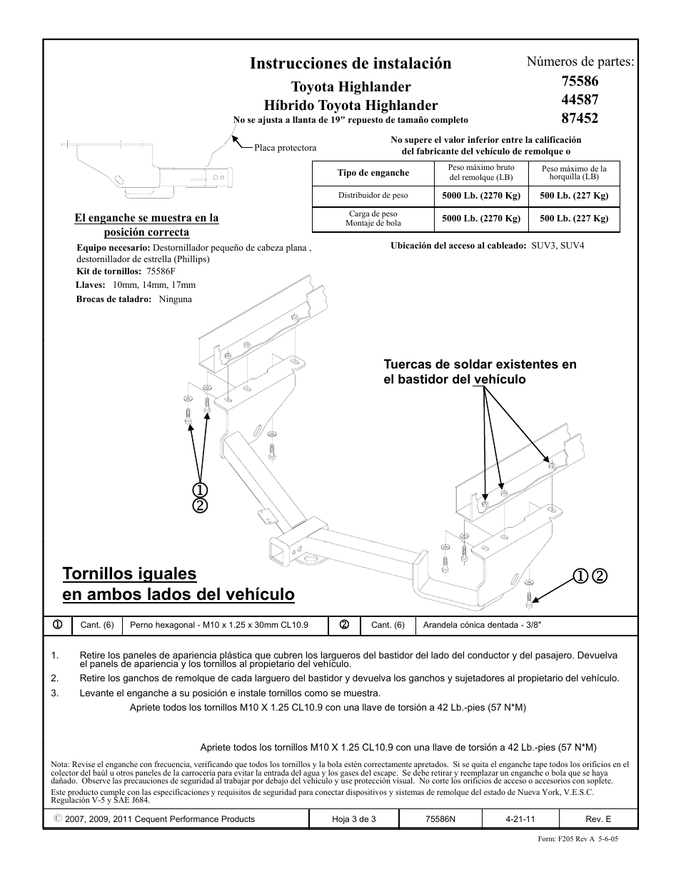 Instrucciones de instalación, Tornillos iguales en ambos lados del vehículo, Toyota highlander híbrido toyota highlander | Números de partes | Draw-Tite 75586 MAX-FRAME RECEIVER User Manual | Page 3 / 3