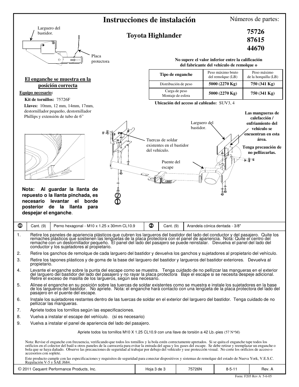 Instrucciones de instalación, Toyota highlander, Números de partes | Draw-Tite 75726 MAX-FRAME RECEIVER User Manual | Page 3 / 3