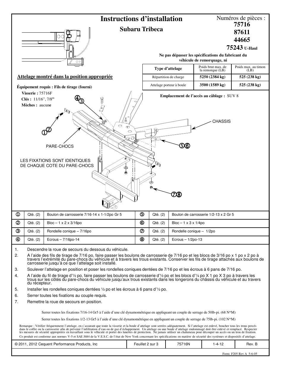 Instructions d’installation, Subaru tribeca | Draw-Tite 75716 MAX-FRAME RECEIVER User Manual | Page 2 / 3