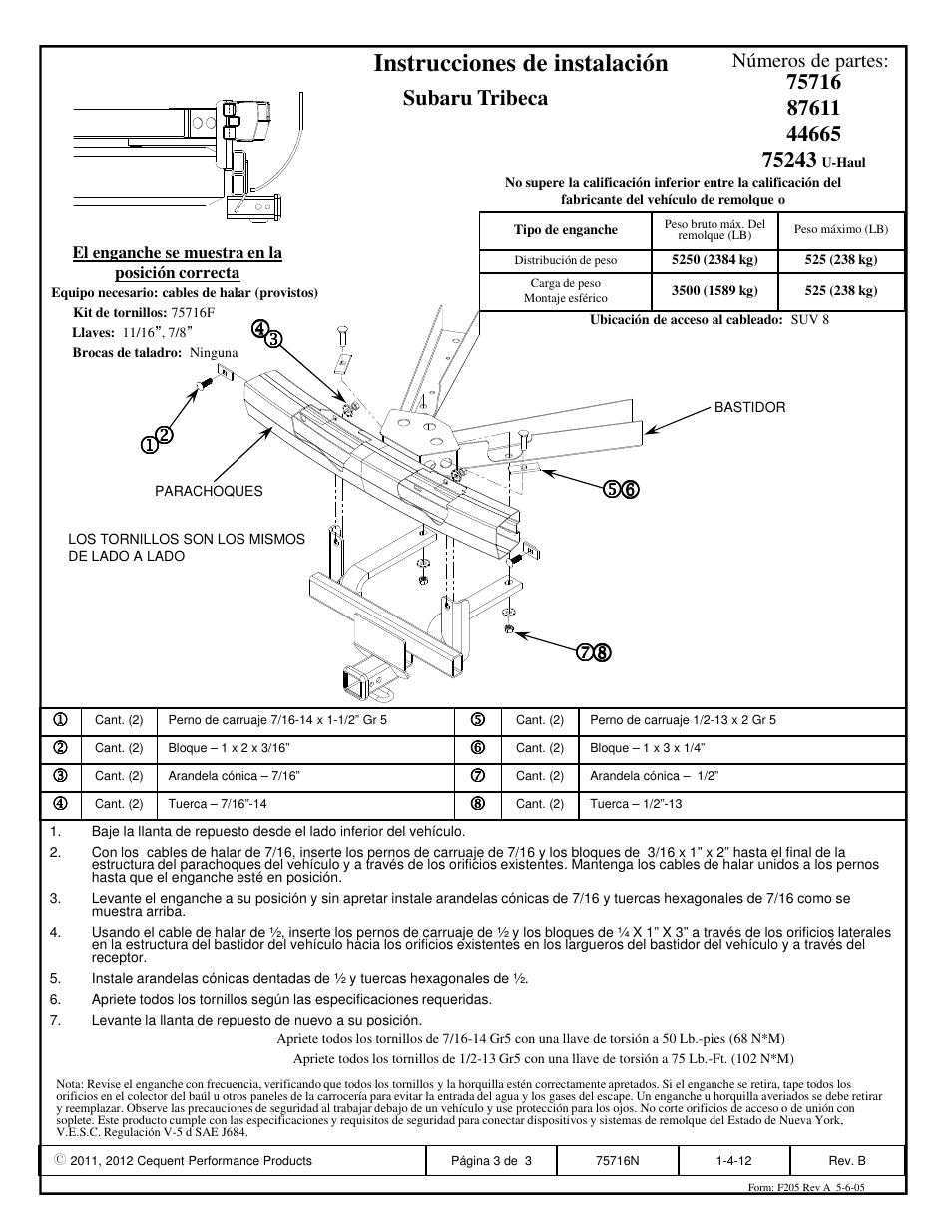 Instrucciones de instalación, Subaru tribeca | Draw-Tite 75716 MAX-FRAME RECEIVER User Manual | Page 3 / 3