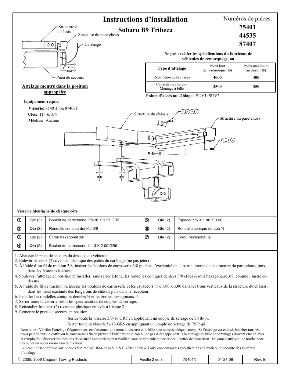 Instructions d’installation, Subaru b9 tribeca, Numéros de pièces | Draw-Tite 75401 MAX-FRAME RECEIVER User Manual | Page 2 / 3