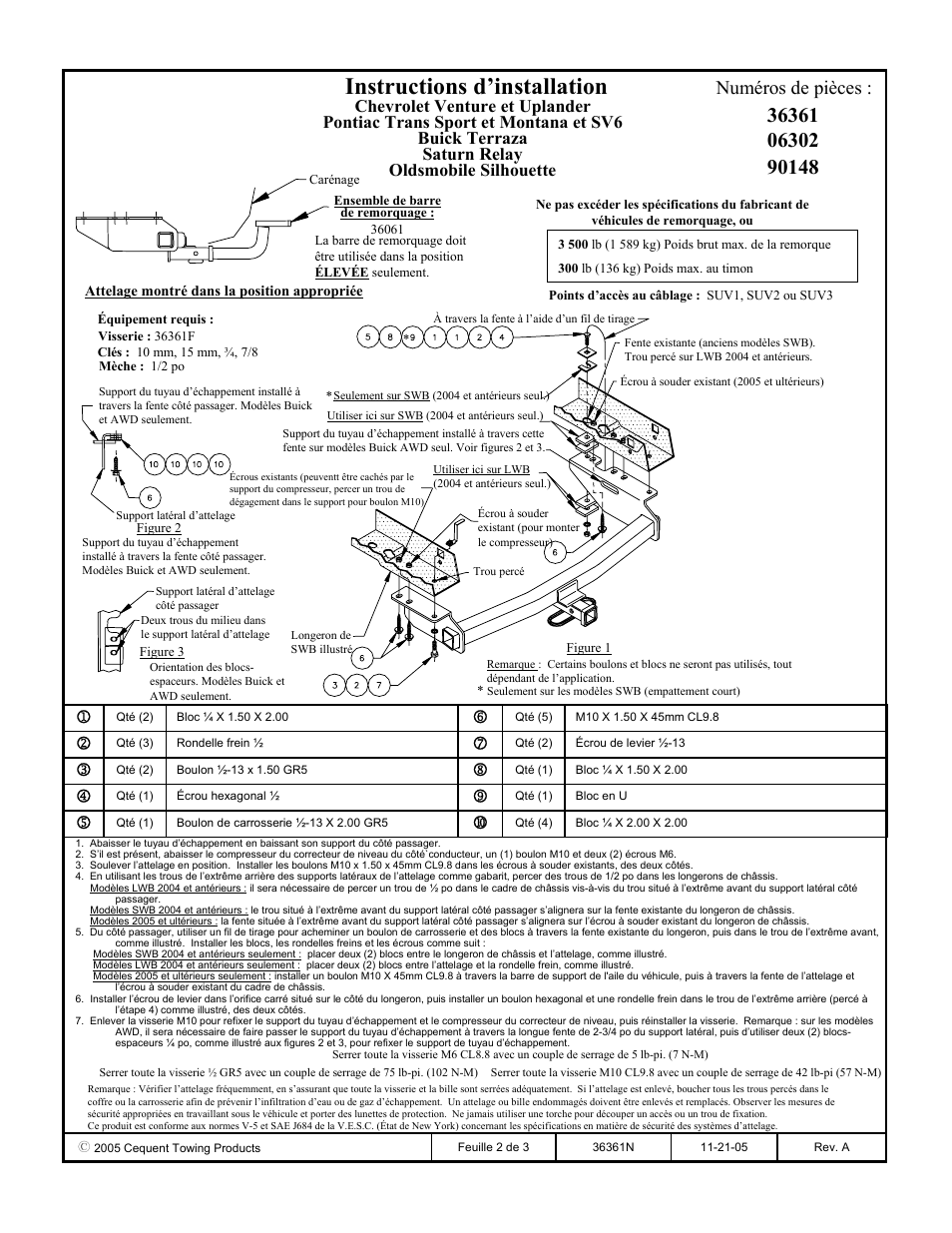 Instructions d’installation, Numéros de pièces | Draw-Tite 36361 FRAME HITCH User Manual | Page 2 / 3