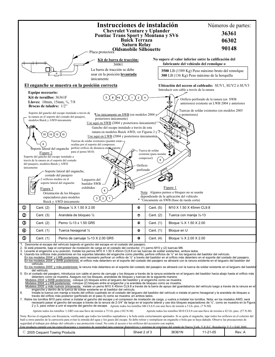 Instrucciones de instalación, Números de partes, El enganche se muestra en la posición correcta | Draw-Tite 36361 FRAME HITCH User Manual | Page 3 / 3