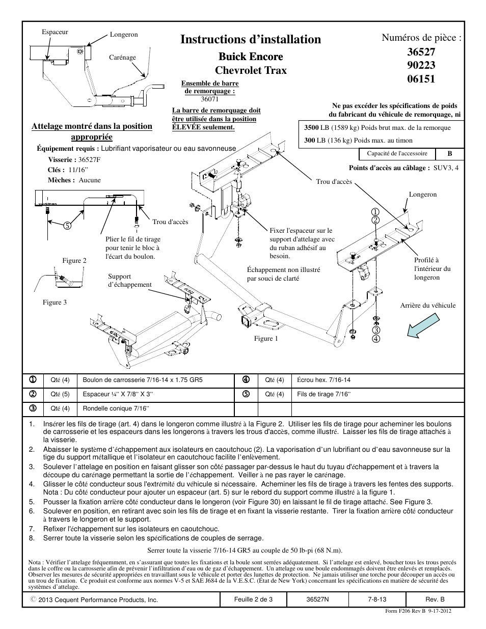 Instructions d’installation, Buick encore, Buick encore chevrolet trax | Numéros de pièce | Draw-Tite 36527 FRAME HITCH User Manual | Page 2 / 3