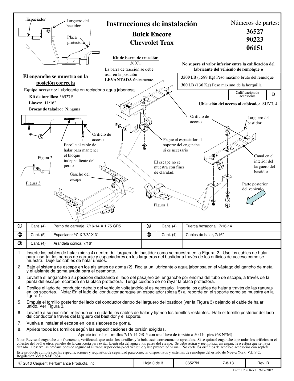 Instrucciones de instalación, Buick encore, Buick encore chevrolet trax | Números de partes | Draw-Tite 36527 FRAME HITCH User Manual | Page 3 / 3